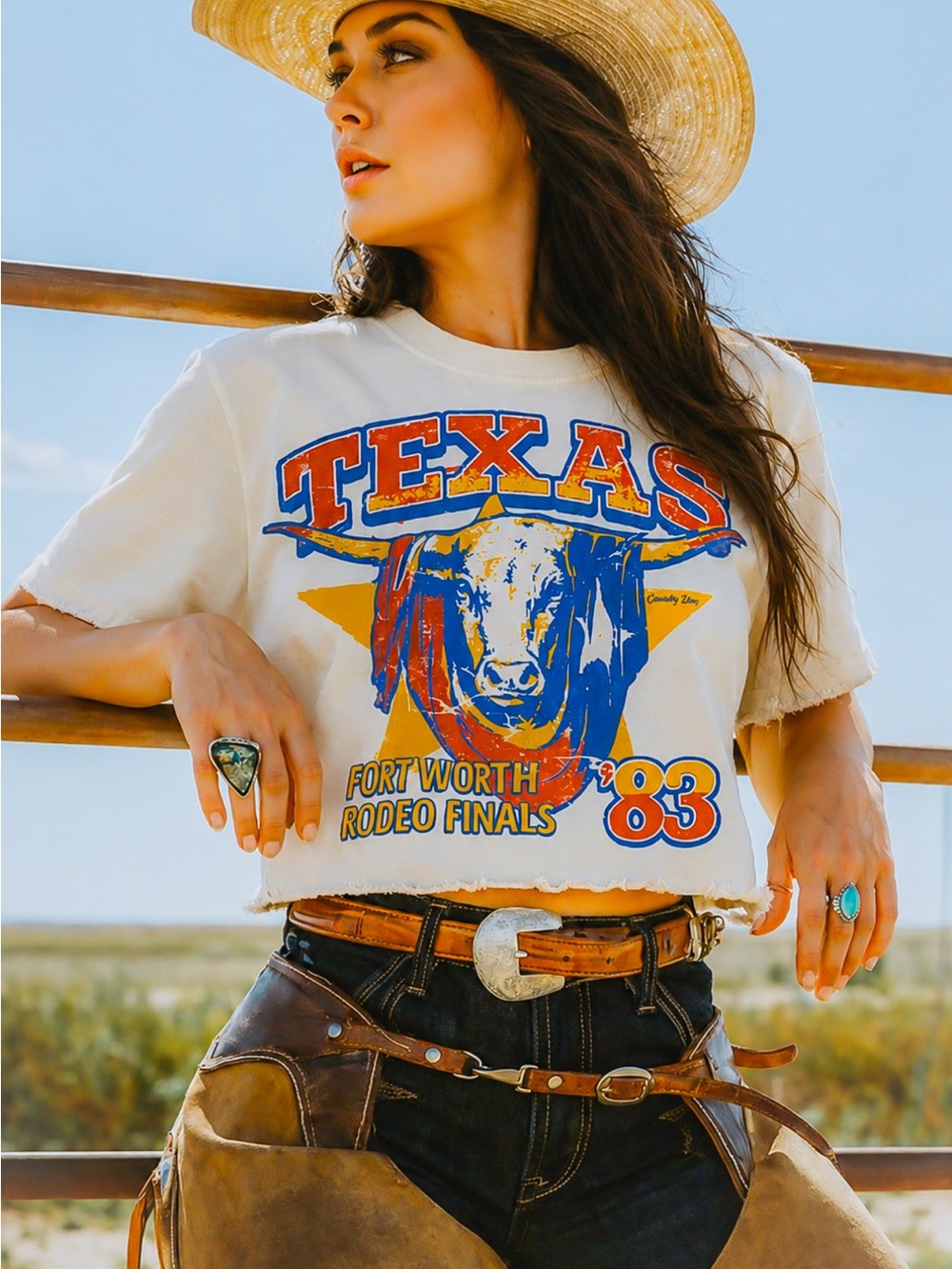 Country Road Texas '83 Graphic Crop Tee - White with Blue & Orange Print